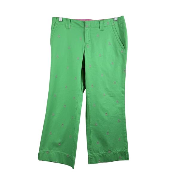Lilly Pulitzer Vintage Palm Beach Fit Green Capri Pants Size 2 Pink Anchors - Picture 1 of 12